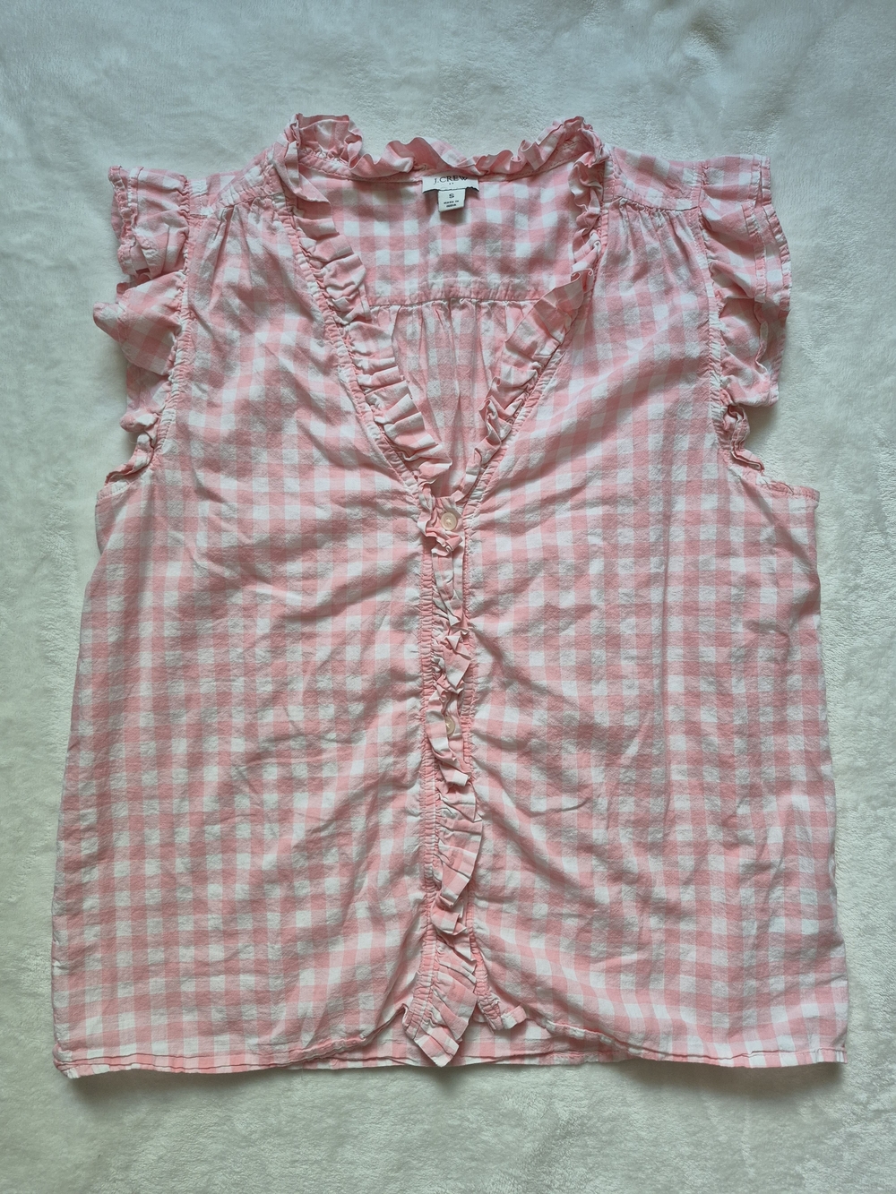 J. Crew Pink Gingham Ruffle Button-Front Blouse